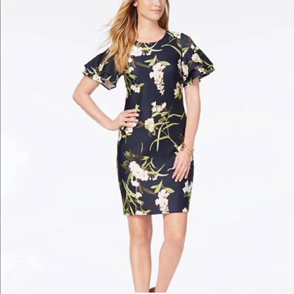Tommy Hilfiger Floral Ruffled Sleeve Bodycon Dress